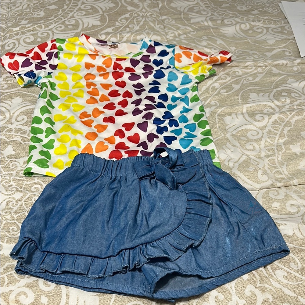 Colorful Heart T-Shirt and Blue Ruffle Shorts Set